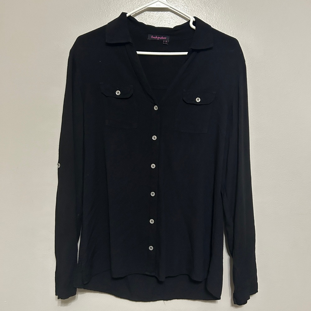 Fresh Produce Button Down Shirt Womens S Black Roll Tab Rayon Minimalist USA